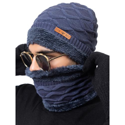 AMOLDO Winter Woolen Unisex Knit Beanie Cap And Neck Warmer Set With Fur Lining | Hat And Scarf Soft And Warm Combo Set For Men And Women (IN, Alpha, Free Size, Dark Grey, Beanie Neck Set With Gloves)