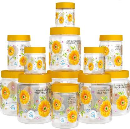 GPET Plastic Grocery Container  - 1500 ml, 1000 ml, 450 ml, 200 ml(Pack of 12, Yellow)