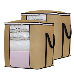 DOUBLE R BAGS Non-Woven Large Foldable Storage Bag Organizer Clothes Storage Container For Blanket Comforter Saree Toys Clothing Bedding With Durable Handles Beige (Pack Of 2)