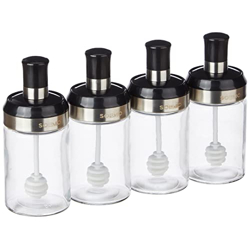 Amazon Brand - Solimo Borosilicate Glass Sauce Jar with Dipper, Set of 4 (250 ml Each)