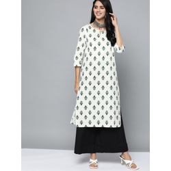 HERE&NOW Women White & Teal Blue Ethnic Motifs Printed Kurta