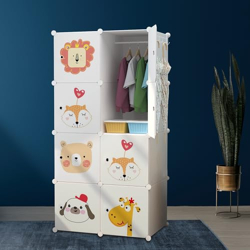 CoolLeaf CW-WC8 Almirah for Clothes, Plastic Wardrobe for Clothes 8-Doors,Multipurpose Collapsible Wardrobe for Kids clothes/Toy/Book,Baby Cupboard for Clothes Storage in Bedroom Nursery,White Cartoon