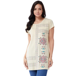 Modeve  Wome Cream Printed Cotton Blend Long T-Shirt (Medium)