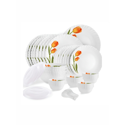 Cello Dazzle White and Orange 47 Pieces Floral Printed Opalware Microwave Safe Dinner Set