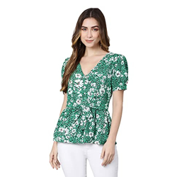 oxolloxo Women Regular Fit Cotton Regular Sleeves Printed Casual Green Top
