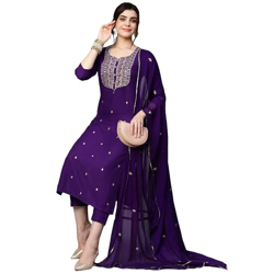 GoSriKi Women's Cotton Blend Embroidered Straight Kurta with Pant & Dupatta (Kasturi Begani-NGT-GS_M_Blue_Medium)