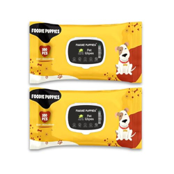 Foodie Puppies Pet Anti-Bacterial 200 Wet Wipes with Fresh Lemon & Green Tea Scent for Dogs, Puppies & Pets - (100 Wipes X 2 Pack) | Dry Bathing, Daily Care, Paw Cleaning Wipes