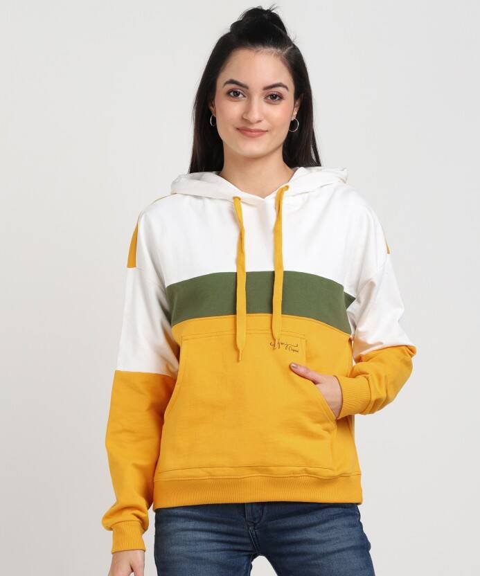 Women Full Sleeve Color Block Hooded Sweatshirt