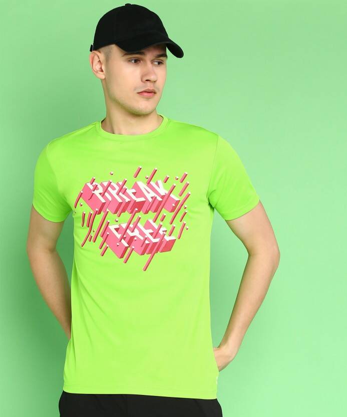 Men Graphic Print Round Neck Polyester Light Green T-Shirt