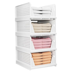 MARKWELL 4 Layer Stackable Wardrobe Storage Box, Plastic Sliding Drawer Organizer, Foldable Clothes Shelf Baskets, Folding Cube Bins, Perfect for Kitchen, Bedroom (Sliding Drawer)