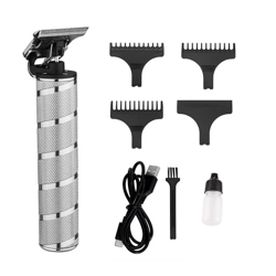 NIKAI NK-2586 Professional cordless IPX4 Waterproof Hair Clipper Stainless steel T-Blade Close Cutting 0mm Bald Head Clipper USB Charging cable 3 Guide Combs Powerful Motor Runtime: 150 mins, Silver