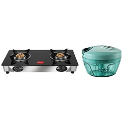 Pigeon By Stovekraft Favourite 2-Burner Glass Top Gas Stove, Black + New Handy Plastic Chopper with 3 Blades, Green