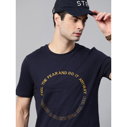 Men Navy Blue Mustard Yellow Typography Printed Pure Cotton T-shirt