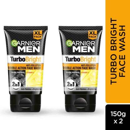 Garnier Men Turbo Bright Double Action,Anti Pollution with Charcoal and Vitamin C Face Wash(300 g)