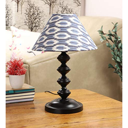 tu casa Table Lamps Black Metal Base with Blue/White Cotton (Ikat Print) Shades for Home Dcor, Bedrooms, Living Room, Gifting, Diwali Decoration, Dining Space, Study Room, Restaurants (H-14.5")