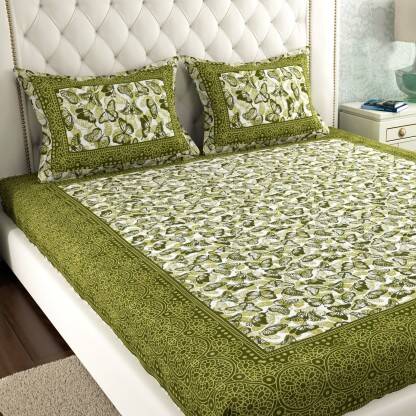 Leo Creation 144 TC Cotton Double Jaipuri Prints Flat Bedsheet(Pack of 1, Green, Dark Green, White, Olive Green)
