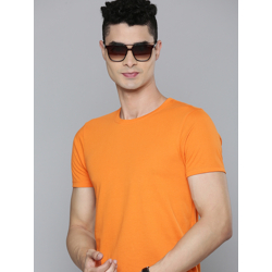 Flying Machine Men Orange Solid Round Neck Knitted Slim Fit T-shirt