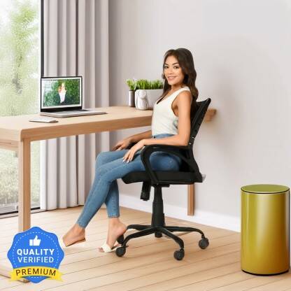 Seventh Heaven Ergonomic Office Chair Mid Back with Lumbar Support and Armrest: 3 year warranty Fabric Office Adjustable Arm Chair(Black, Optional Installation Available)