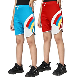 KYDA KIDS 100% Cotton Trendy Rainbow Embroidery Shorts for Girls - Regular Fit Girls Shorts, Multicolored, 4-5 Years (Pack of 2)