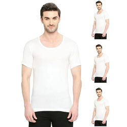 VIP Bonus Classic Men Round Neck Premium Cotton Vest with Sleeves, 100% Pure Combed Cotton, Antibacterial and Odour Control Vest for Mens- Pack of 4, S/80 cm (White)