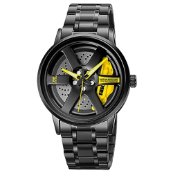 SKMEI Men'S Creative Fashion Stainless Steel Band Analogue Watch | Rolling Wheels Design & Butterfly Double Snap & Black Dial & Band | Unique Gift Wristwatch For Fans & Collectors - Model 1787