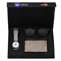 LORENZ Gift Box Combo Set of Men's Grey Dial Watch, Grey Wallet & Black Sunglasses