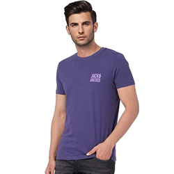Jack & Jones Men's Printed Slim Fit T-Shirt (12221500-Black Iris_Black S)
