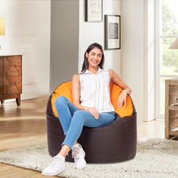 Amazon Brand Solimo Premium Faux Leather Muddha Bean Bag, Filled with Beans | Capacity: Upto 6 Ft 3 In Height, 120 KG Weight | 4XL | Brown & Orange