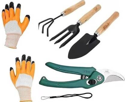 AGT 3PCS Wooden Handle Cultivator Free Rubber Hand Gloves Garden Tool Kit(5 Tools)