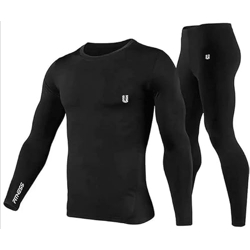 Unbeatable Polyester Spandex Men's Sports Running Set Compression Shirt + Pants Skin-Tight Long Sleeves Quick Dry Fitness Tracksuit Gym Yoga Suits (Large, Black)