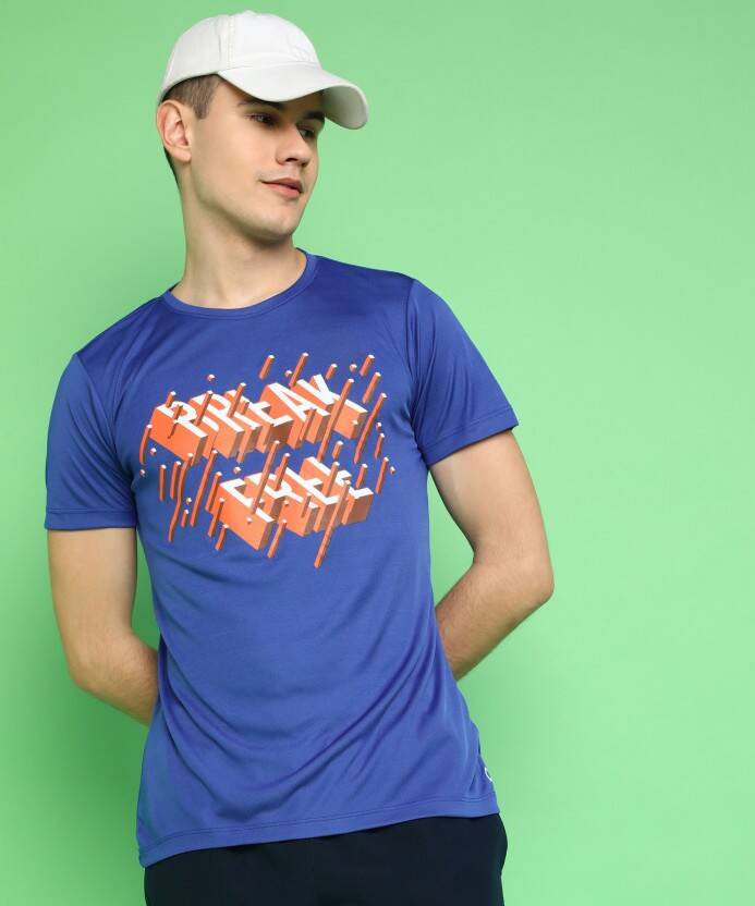 Men Graphic Print Round Neck Polyester Blue T-Shirt