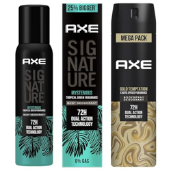 Axe Gold Temptation Long Lasting Deodorant Bodyspray For Men, 215ml&Axe Signature Mysterious No Gas Deodorant Bodyspray For Men 154 ml