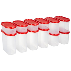 Amazon Brand - Solimo Modular Plastic Storage Containers with Lid (525 ml + 1200 ml + 1800 ml) | Stackable | BPA-Free | Multipurpose Use for Snacks, Spices, & more (Set of 12) (Light Red)