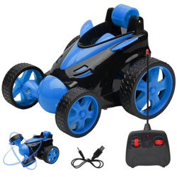 Gooyo DB2060 Rechargeable 5 Functions 360 Rotating & Rolling Small Stunt Car Toy with USB Cable & Remote Controller with Demo Feature | Blue Color, Power Source: Lithium Battery in Car (Included)