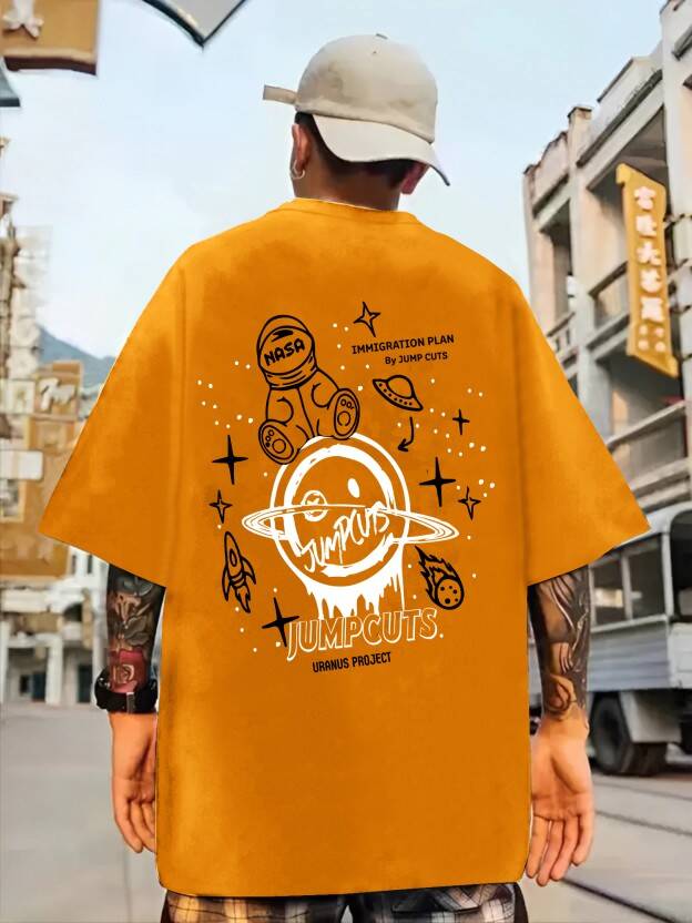 Men Printed Round Neck Cotton Blend Yellow, Black T-Shirt
