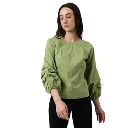 Marks & Spencer Pure Cotton Plain Boat Neck Blouse T434572KPEA Green (M)