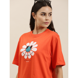 Difference of Opinion Women Orange Typography Printed Pure Cotton Oversized T-Shirt