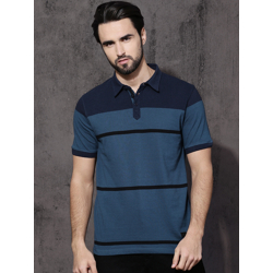 Roadster Men Blue  Black Striped Polo Collar Pure Cotton T-shirt