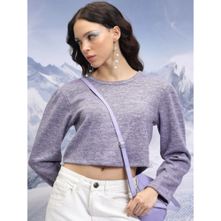 Tokyo Talkies Purple Round Neck Long Sleeves Crop Pullover Sweater
