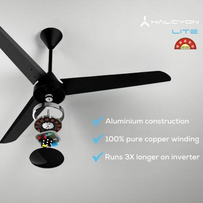 Halcyon BreezeMaster Lite Energy Saving Ceiling Fan 5 Star 1200 mm 3 Blade Ceiling Fan(BLDC Motor with Remote | Matte Black | Pack of 1)