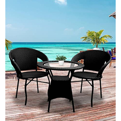 Pranyax Backyards Patio Chair Sets Garden Wicker Furniture Set for Outdoor Patio and Balcony||Powder Coated Frame| UV Protected Wicker (2 Chair, 1 Table, Black1)