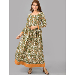 KALINI Floral Printed Round Neck Gathered Cotton Fit & Flare Maxi Ethnic Dress