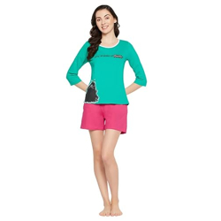 Clovia Women's Cotton Print Top & Chic Basic Shorts Set (LS0661P17_Green_1_3XL)