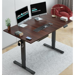JIN OFFICE Electric Height Adjustable Desk| 80 Kg Wt. Capacity, 2 Year Warranty| Motorized Sit Stand Desk with Headphone Hook and Cable Tray (Brown Top 1200 by 750 mm/ 25mm Thickness)