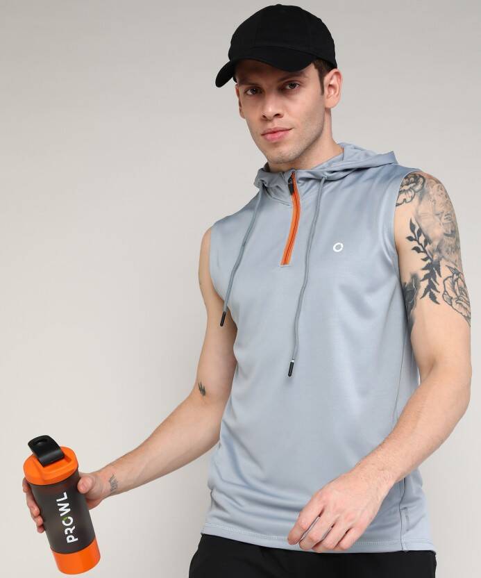 Men Sleeveless Solid Hooded Sweatshirt