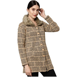 eWools Women's Winter wear Woolen Multicolor Cardigans Sweaters (Coat18) (M, Gold_Fur), Banded Collar