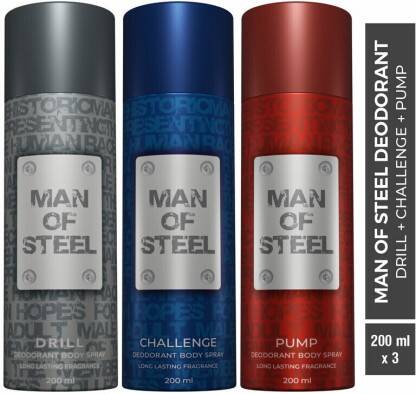 DENVER Combo of Man Of Steel Drill + Challenge + Pump Long lasting Deodorant Spray 