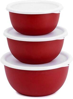 Classic Essentials Stainless Steel Storage Bowl Microwave Safe Bowl(Pack of 3, Red)