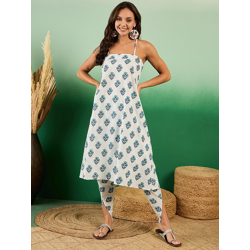 Sangria Floral Boota Printed Sleeveless A-Line Pure Cotton Kurta With Dhoti Pant