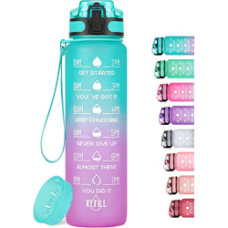 MEITAGIE 32oz Motivational Water Bottle with Time Marker & Fruit Strainer, Leak-proof BPA Free Non-Toxic 1l Bottle with Carrying Strap, Perfect for Fitness, Gym and Outdoor Sports (Ombre: Mermaid)